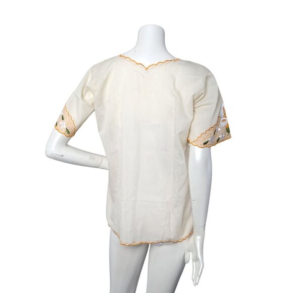 Vintage Ethnic Floral Embroidered Top Short Sleeve Shirt Mexico Yellow Cream - Picture 5 of 10